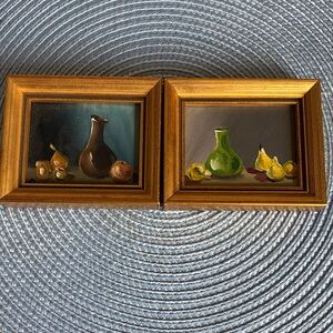 2 Vintage Original Miniature Signed Still Life Paintings Oil Fruit & Vase